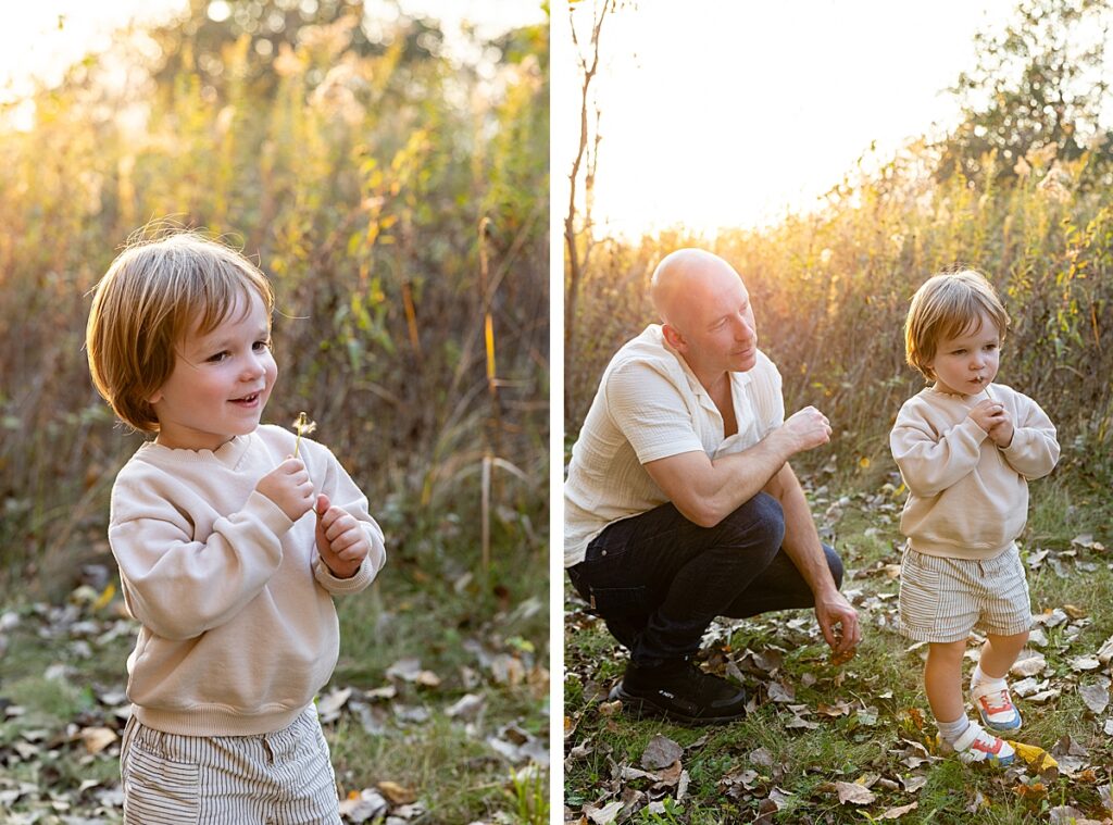 Young boy holding a flower while walking through tall grass, with a parent nearby during a sunset photo session.